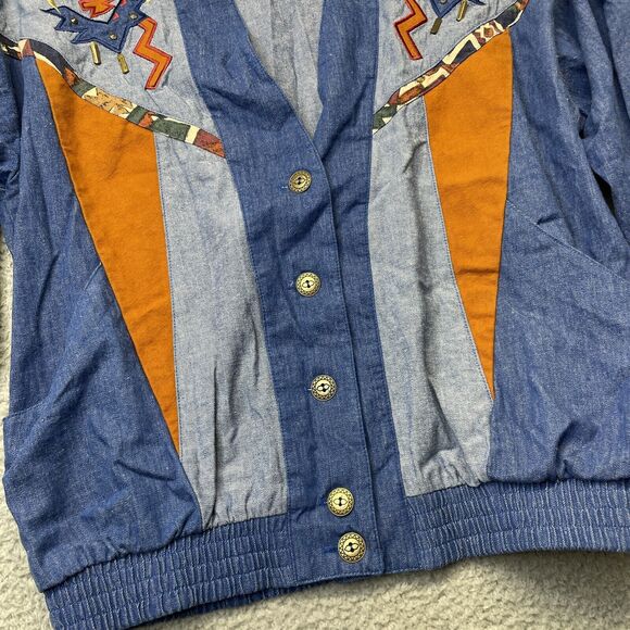 Vintage Jean Jacket Women Large Blue Studded Blue Jean Southwest Aztec 80s Rodeo - Picture 3 of 16